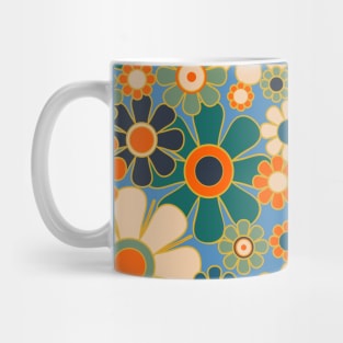 Retro Garden Gingham Flowers Vintage Aesthetic Floral Pattern Blue Orange Mug